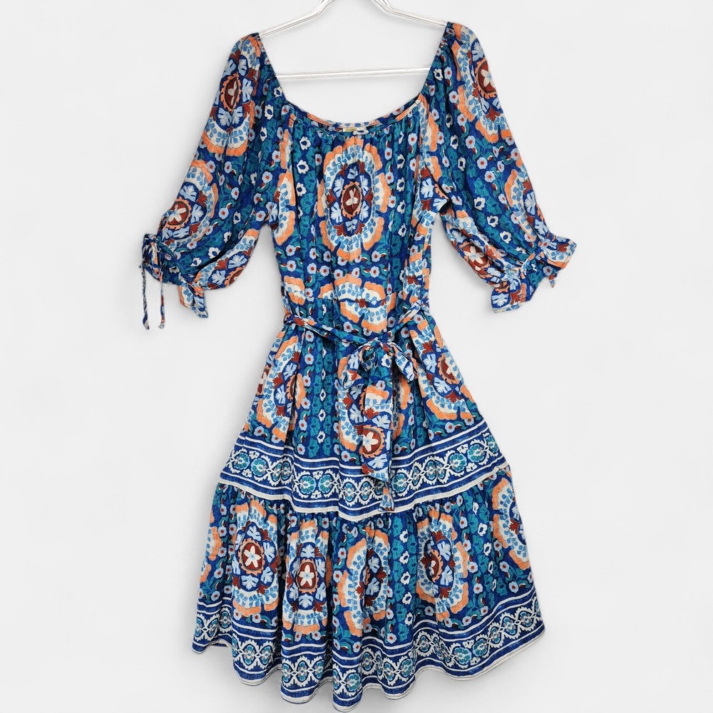 Fig and Flower Women XL Boho Medallion Floral Tiered Midi Dress Blue Puff Sleeve